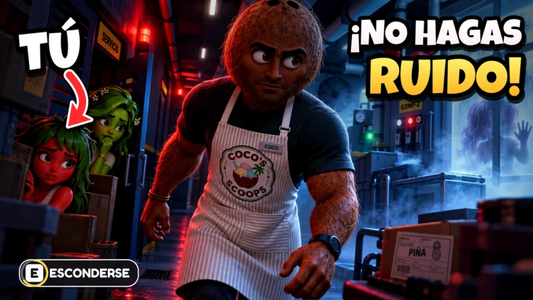Cocardo in a red and blue industrial room while fruit characters hide beside machinery